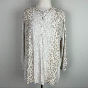 Johnny Was Calme Tan Animal Print Button Pop Over Tunic Top Medium